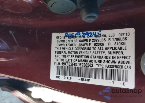 2013 Honda Civic Ex z USA, uszkodzony, nr VIN 19XFB2F84DE220543